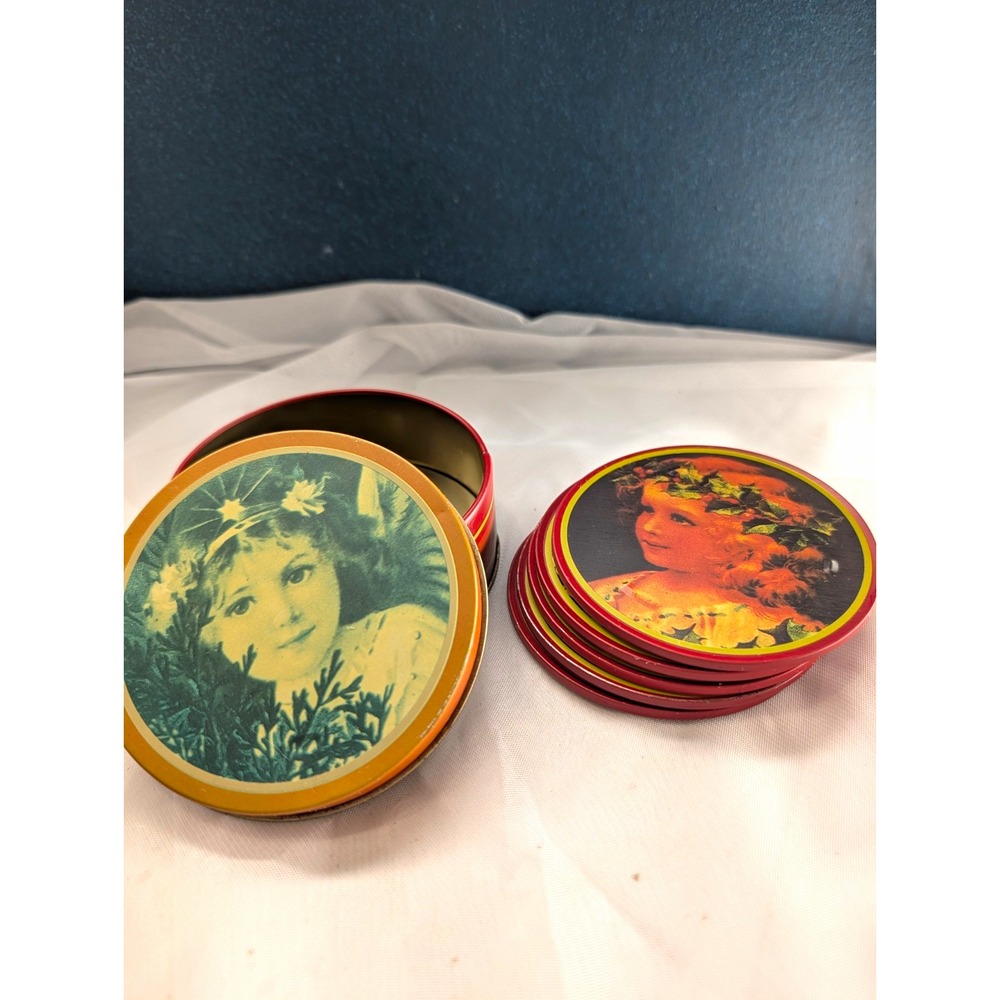 Vintage Round Metal & Cork-Backed Coaster Set, 6pc Portrait Design w/ Tin - Picture 1 of 11
